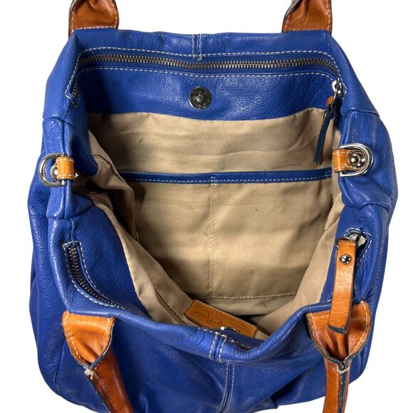 Amber Rose Blue Leather Purse Shoulder Bag Italy Tan Handles Zippers Pockets - Picture 4 of 14